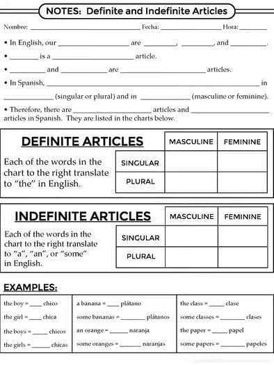 Spanish 1 - Gender and Definite & Indefinite Articles - Worksheets and Notes