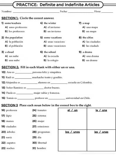 Spanish 1 - Gender and Definite & Indefinite Articles - Worksheets and Notes