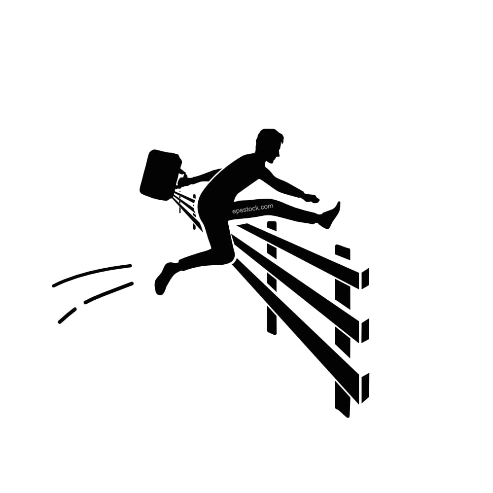 businessman jumps over barrier