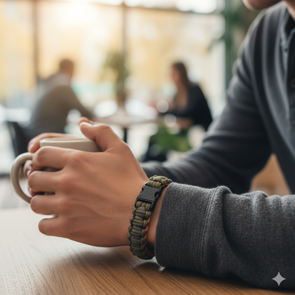 A person just out of shot. Sat at a pale wooden table in a cafe setting. A couple sit just beyond at another table. Cups in hand chatting. This person is holding  a beige coloured mug with both hands. They wear a grey marl sweater. On their left wrist is 
