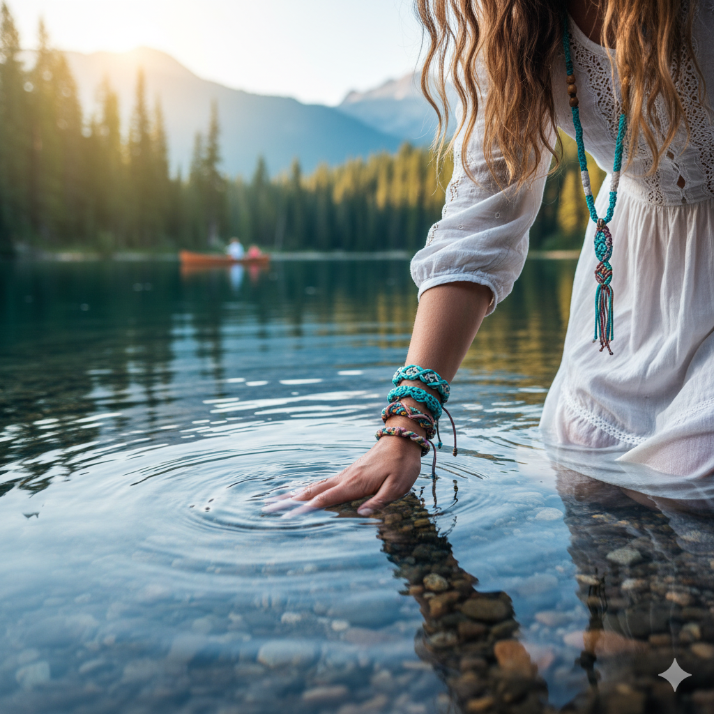 Image shows a woman walking towards the camera. Wading through a lake. Waist deep. She has long wavy hair. Her face is out of shot. She wears a white boho style blouse. She has her hand touching the surface of the water creating a ripple effect. There are mountains and forest trees on the edge of the lake. You can see smooth pebbles under the water. She wears 4 Paracord slimline bracelets on her right wrist in various colours and wears a long pale blue hippi style necklace