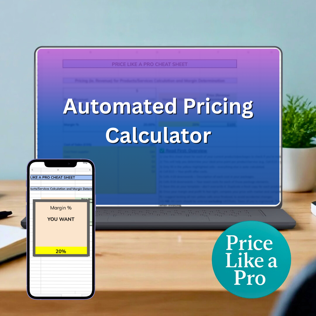 Price Like a Pro by Kath Pietersen — Voice-Led Strategist and Founder of Price Like a Pro. Digital product mockup showing the automated pricing calculator for entrepreneurs, freelancers, and creators. A laptop and smartphone display a blurred spreadsheet