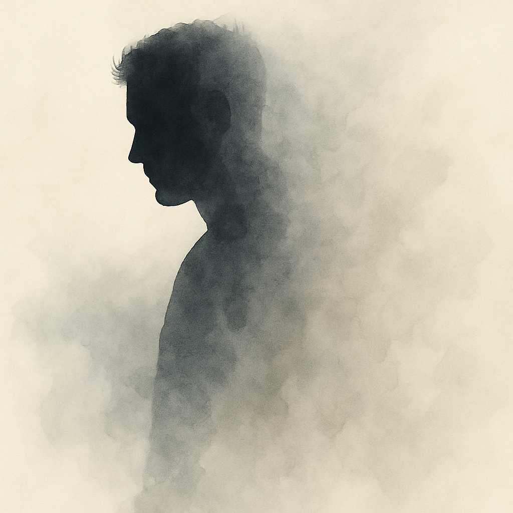 Watercolor-style digital painting of a man’s silhouette fading into soft mist, symbolizing quiet male grief and emotional disappearance. The image uses muted gray, beige, and cream tones to convey introspection, vulnerability, and the theme of men silentl