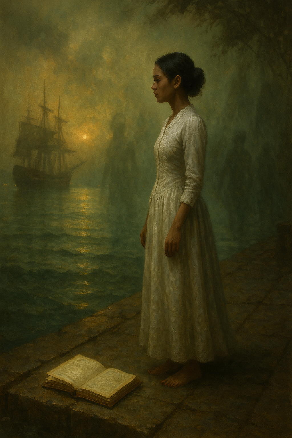 Di pelabuhan yang sibuk dengan pedagang asing, kapal layar, dan aroma rempah, seorang gadis muda bernama Amelia Whitmore menemui diari terakhir ayahnya.