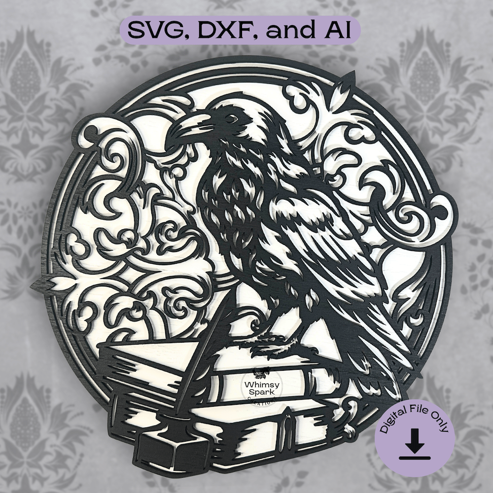 Raven on Books SVG Gothic Crow Multilayer Laser Cut File Dark Academia Wall Art Pattern for Glowforge, Cricut & CNC Bookish Home Decor