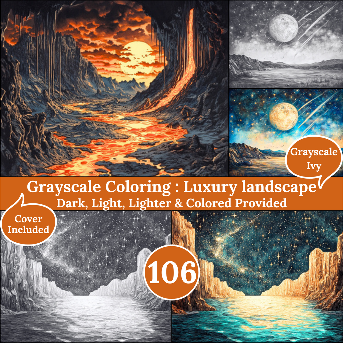 Luxury Landscape, 106 Grayscale Coloring Pages, Gorgeous Fantasy Vista Scenery, Dark Light Lighter and Colored Versions, Printable PDF