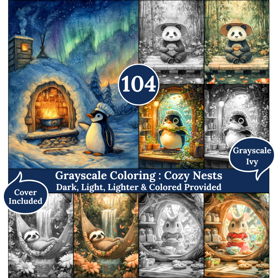 Cozy Nests, 104 Grayscale Coloring Pages, Cute Animals in Whimsical Fantasy Homes, Dark Light Lighter and Colored Versions, Printable PDF