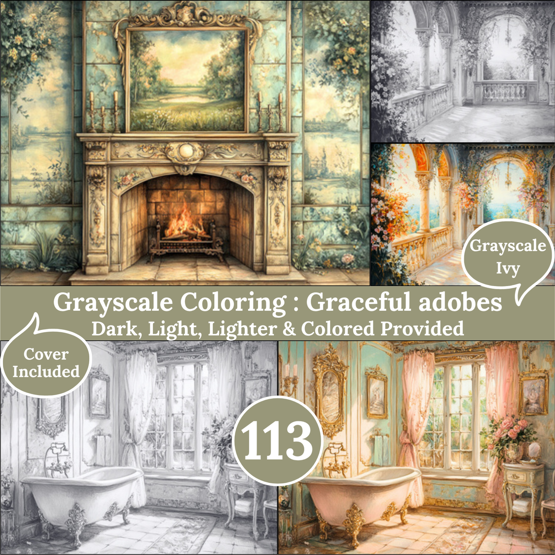 Graceful Adobes, 113 Grayscale Coloring Pages, Gorgeous Fantasy Vintage Victorian Interior, Dark Light Lighter and Colored Versions, Printable PDF