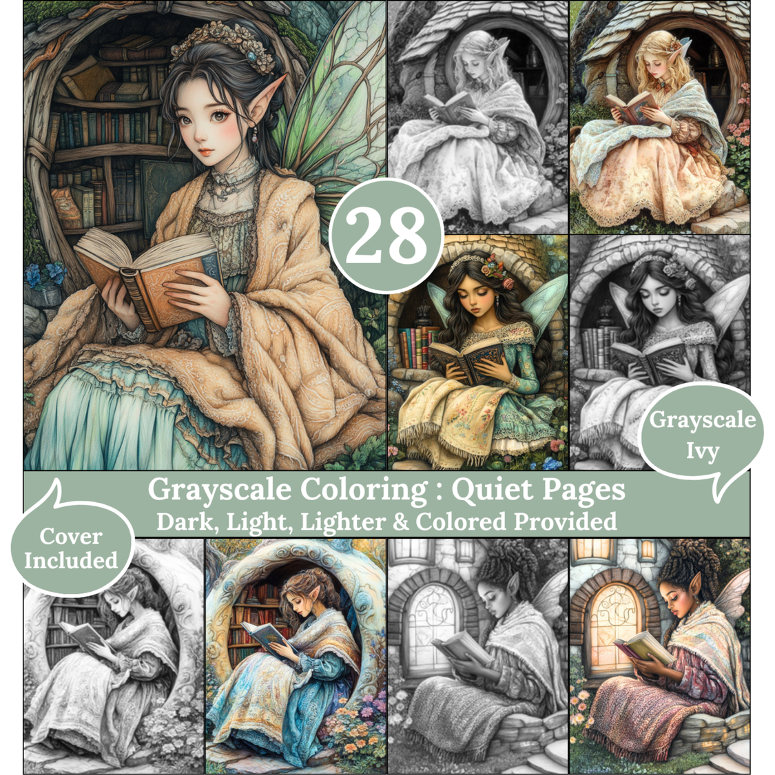 Quiet Pages, 28 Grayscale Coloring Pages, Gorgeous Beautiful Reading Elves, Dark Light Lighter and Colored Versions, PDF