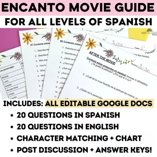 Editable Encanto Movie Guide Questions English & Spanish Emergency Sub Plans