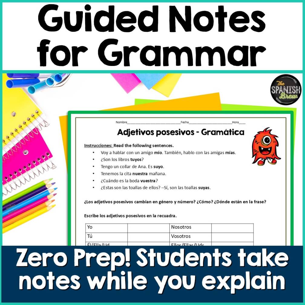 Spanish possessive adjectives worksheets using a Natural approach - Zero Prep