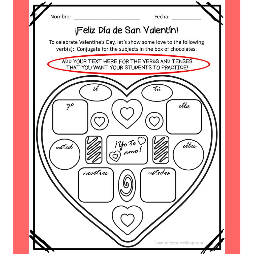 Spanish Valentine's Day Conjugation Hearts_Editable for Any Tense