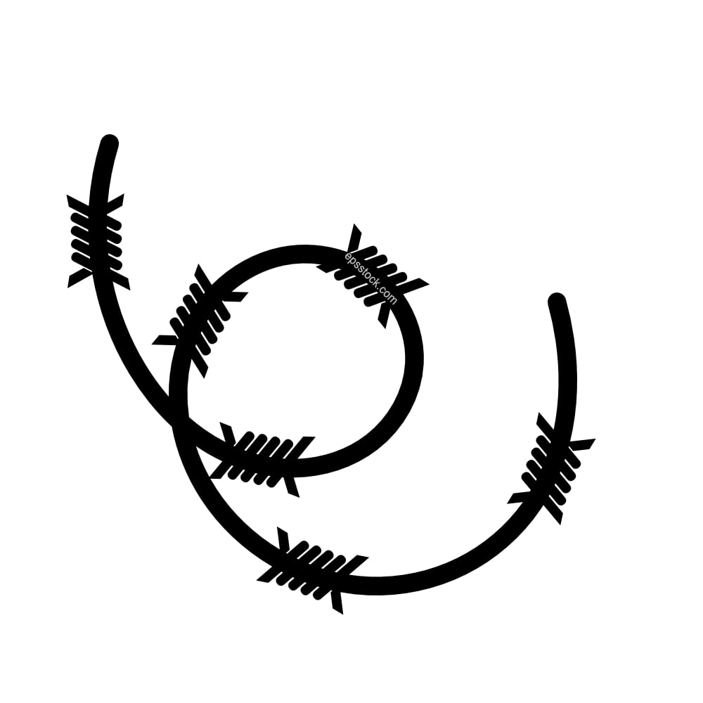 Barbed wire fence sign with sharp spikes