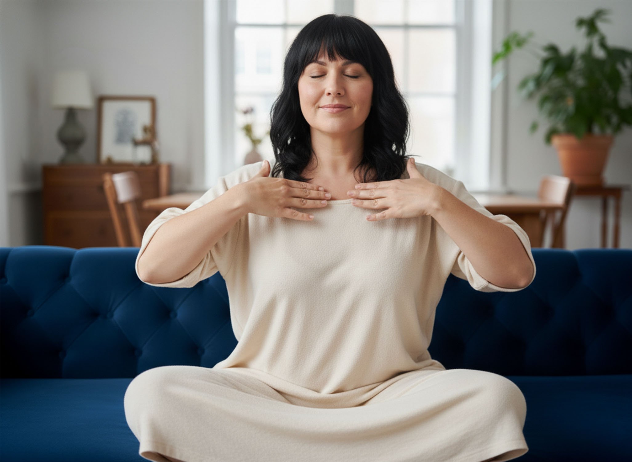 woman tapping on collar bones with a custom tapping sequence