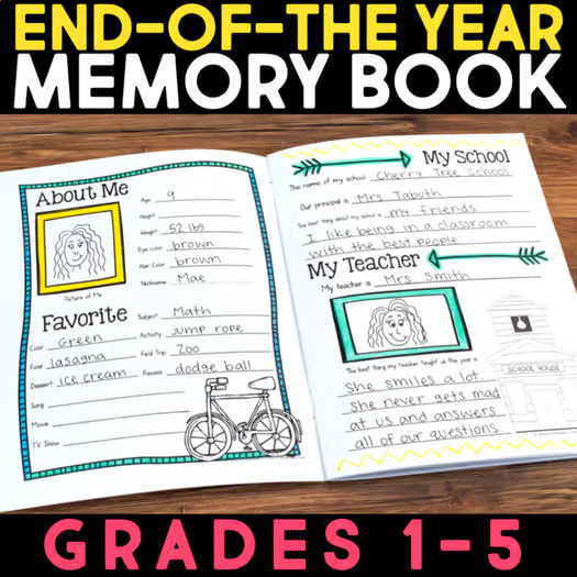 End of the Year Memory Book Reflection 2nd Grade 3rd 4th 5th Last Week Activity