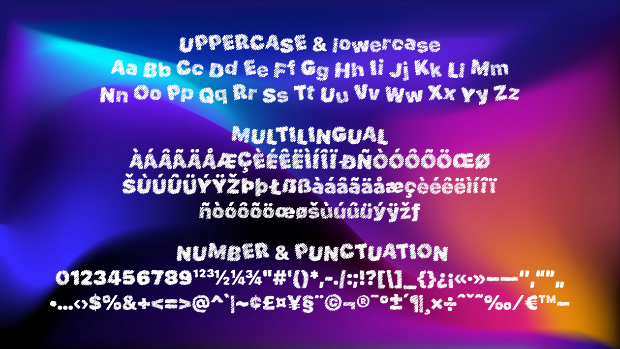Sketcharush font character map showing uppercase, lowercase, multilingual letters, numbers, and punctuation on colorful gradient background.