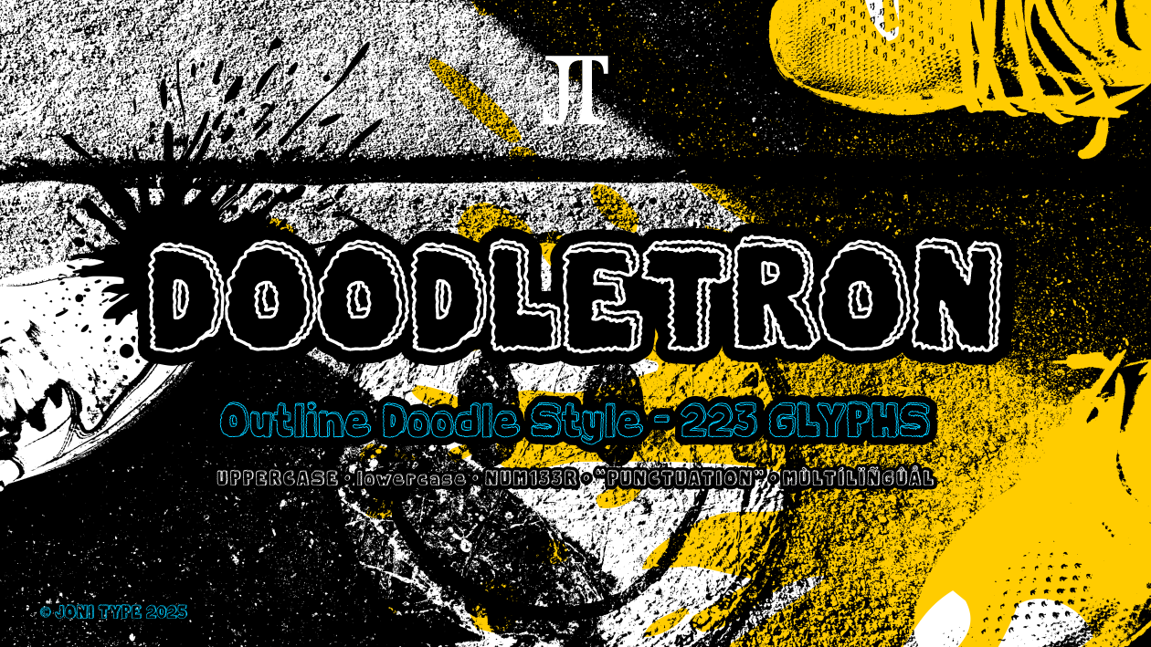 Doodletron outline doodle display font cover preview with yellow and black grunge background, featuring hand-drawn lettering and splash effect.