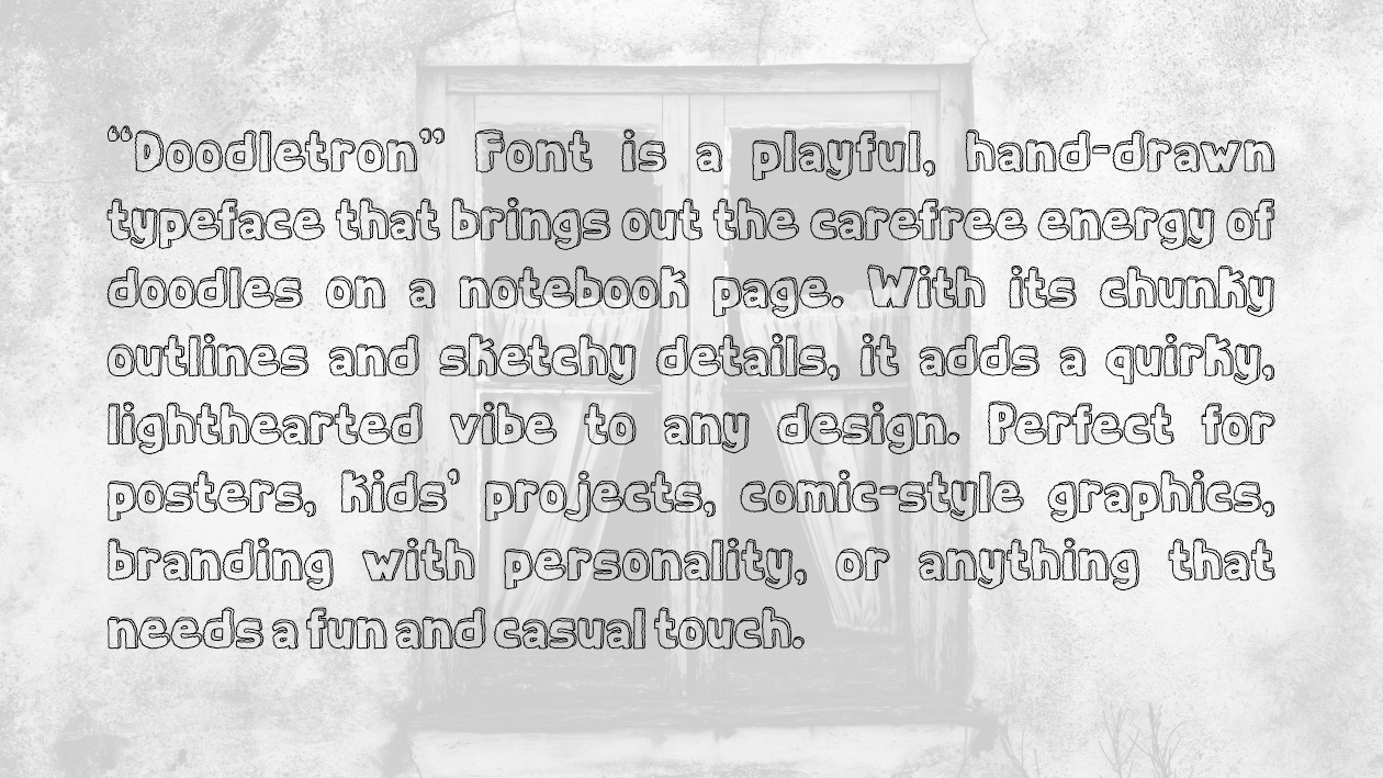 Doodletron font description text showing details about the playful hand-drawn outline doodle typeface.