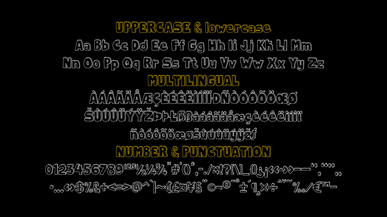 Doodletron font character set display including uppercase, lowercase, numbers, punctuation, and multilingual characters.