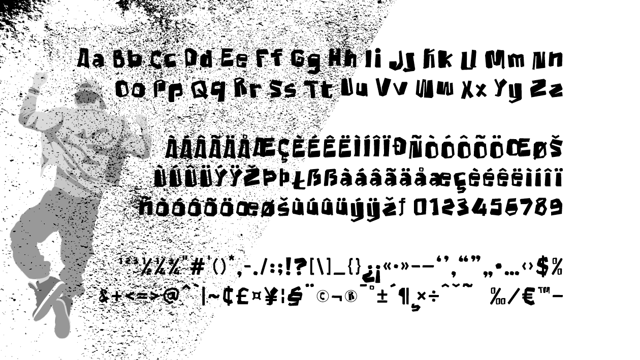 Cruxshred font character set display showing uppercase, lowercase, numbers, punctuation, and multilingual support.