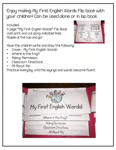 ESL Back to School Activities Lapbook My First English Words