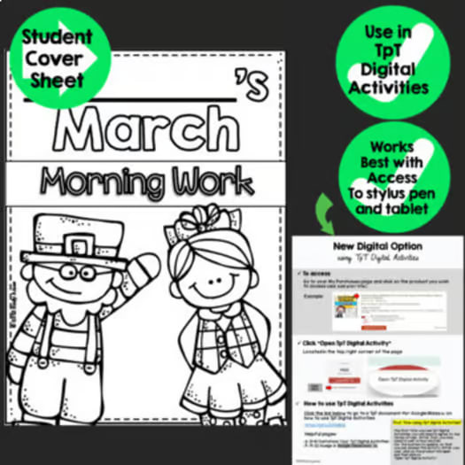 March Kindergarten Morning Work Math and ELA PDF and Digital