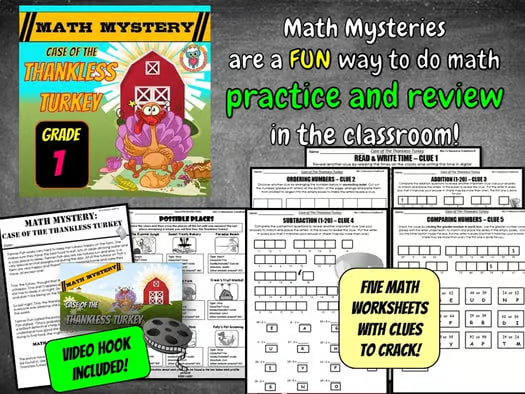 Thanksgiving Math 1st Grade Activity Mystery: Case of The Thankless Turkey