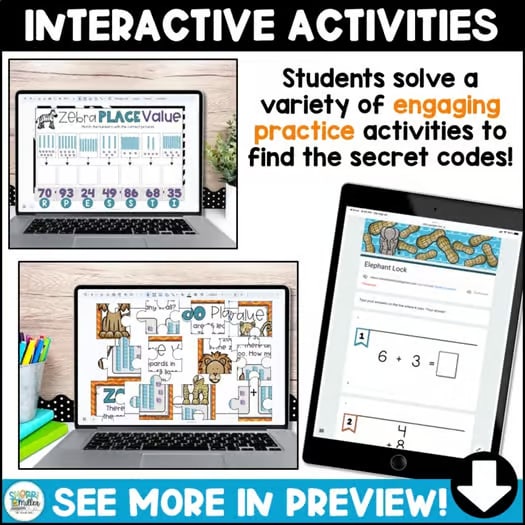 Addition & Subtraction within 20 & Place Value Math Game Digital Zoo Escape Room
