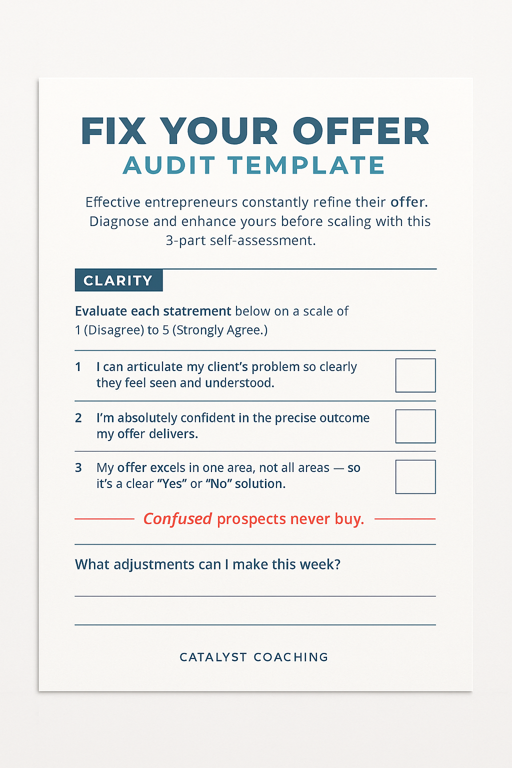 Business coaching offer audit worksheet for entrepreneurs — Fix Your Offer Audit Template by Catalyst Coaching, guiding users to clarify value, demand, and delivery for high-converting offers.