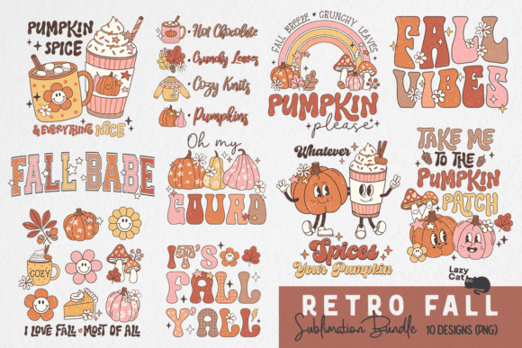 retro fall png sublimation bundle preview with 10 autumn designs for commercial use