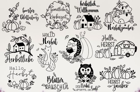 german fall svg png bundle preview with 12 autumn designs and commercial license
