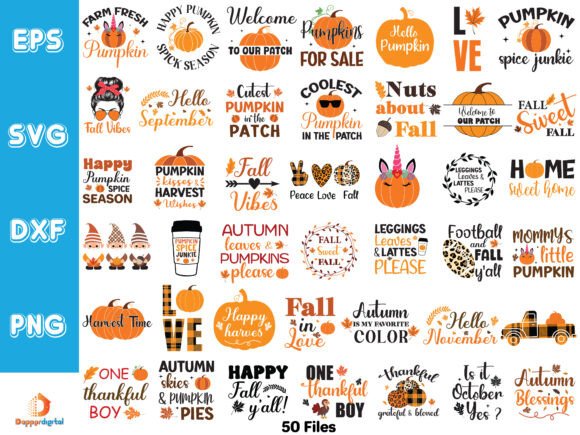 happy fall t-shirt svg bundle preview with typography designs and commercial license