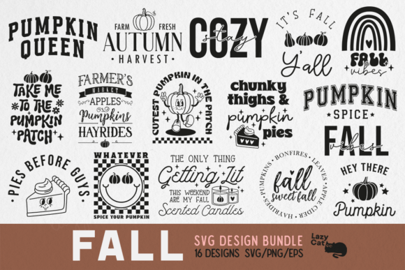 hand-crafted autumn designs for tote bags, stickers, pillows, and cards