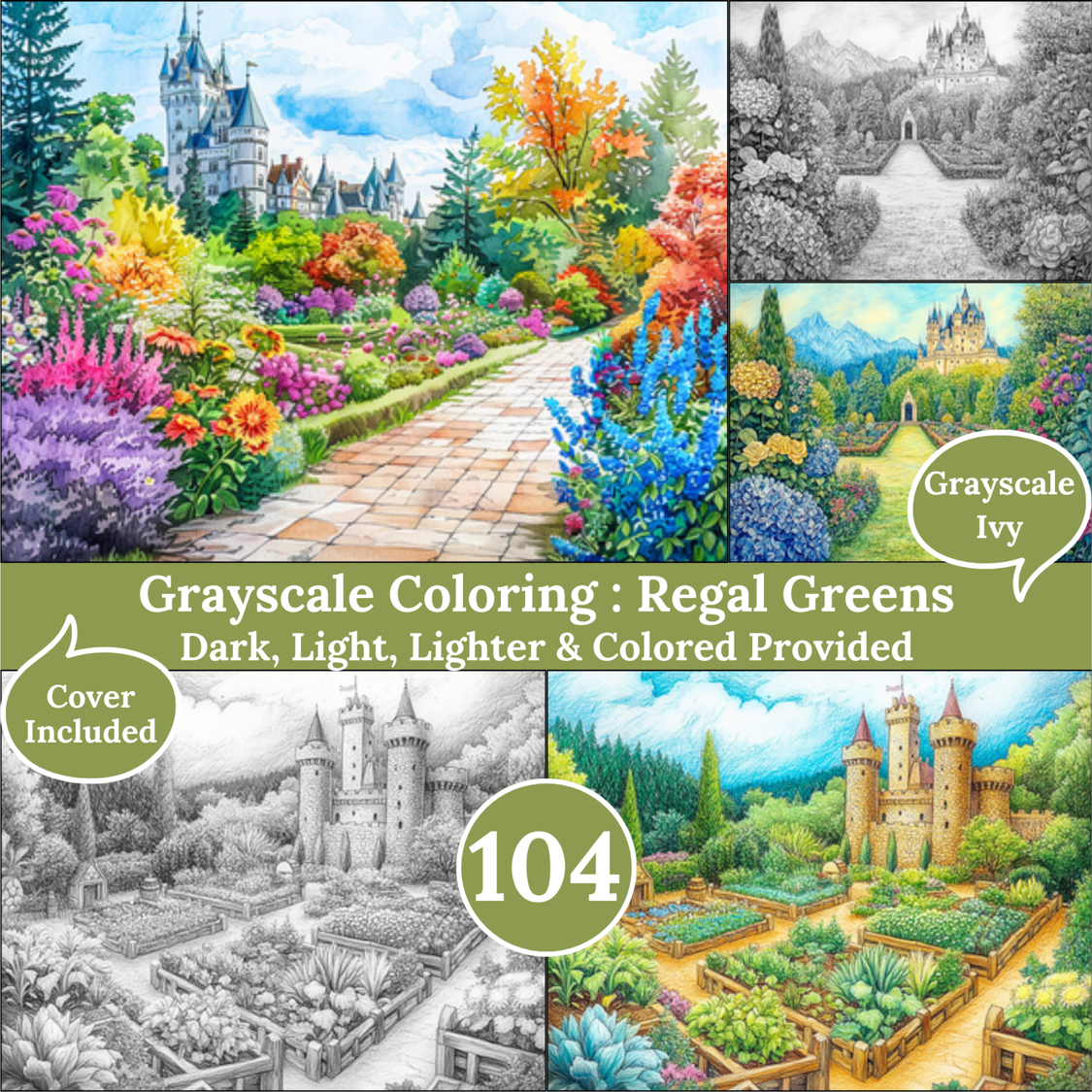 Regal Greens, 104 Grayscale Coloring Pages, Gorgeous Peaceful Castle Blooming Gardens, Dark Light Lighter and Colored Versions, Printable PDF