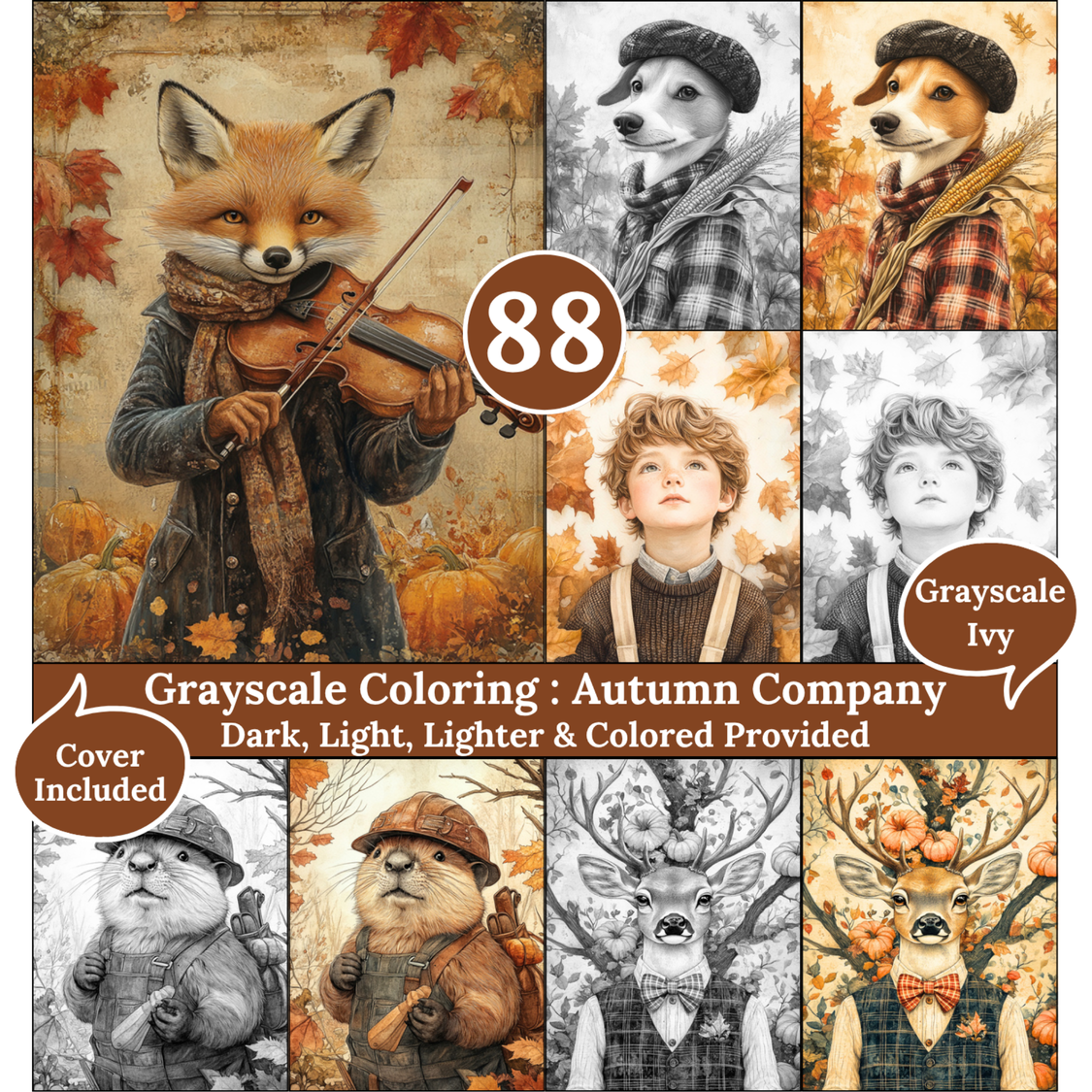 Autumn Company, 88 Grayscale Coloring Pages, Fall Portraits with Animals and Thanksgiving, Dark Light Lighter and Colored Versions, Printable PDF