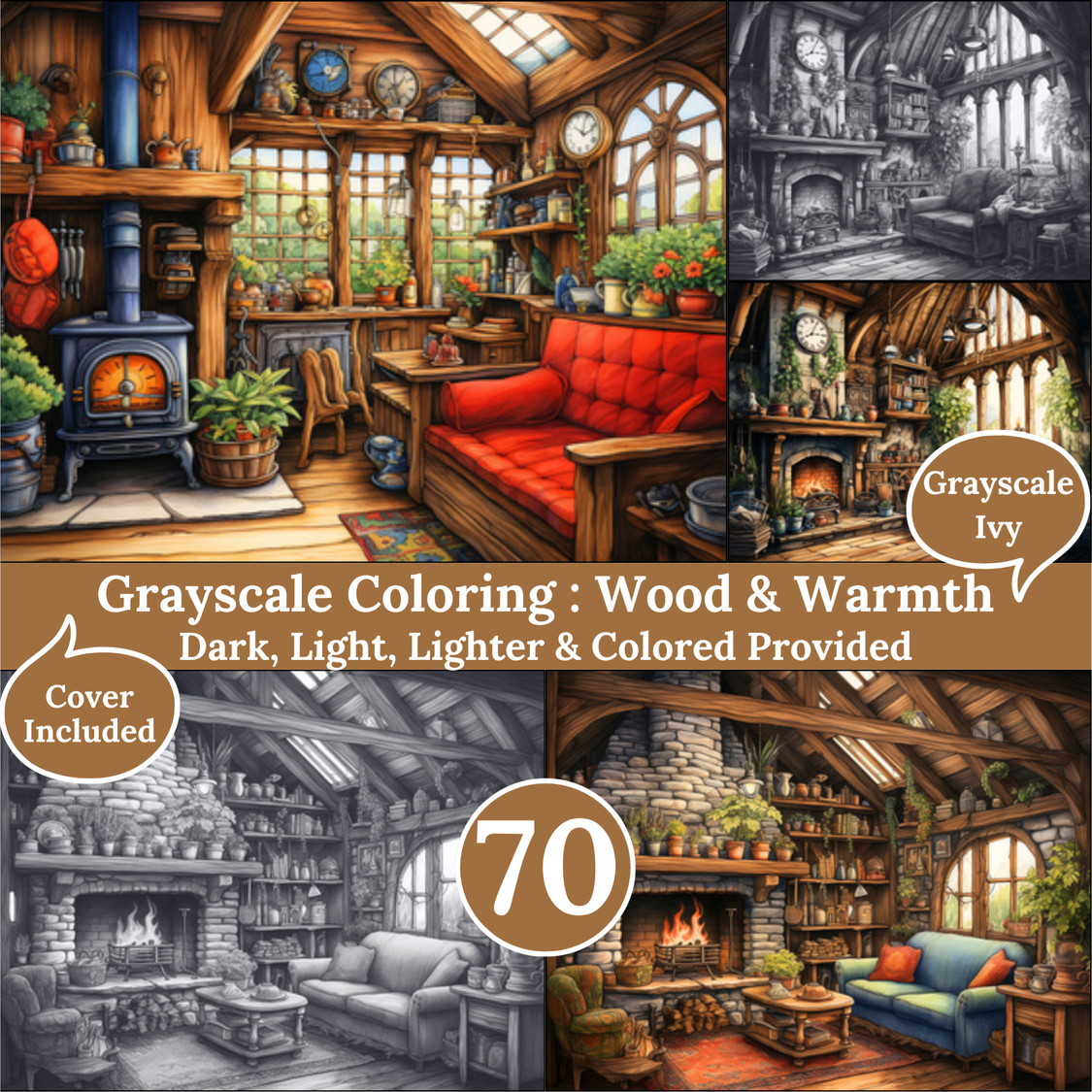 Wood Warmth, 70 Grayscale Coloring Pages, Cosy Wood House Interior, Dark Light Lighter and Colored Versions, PDF