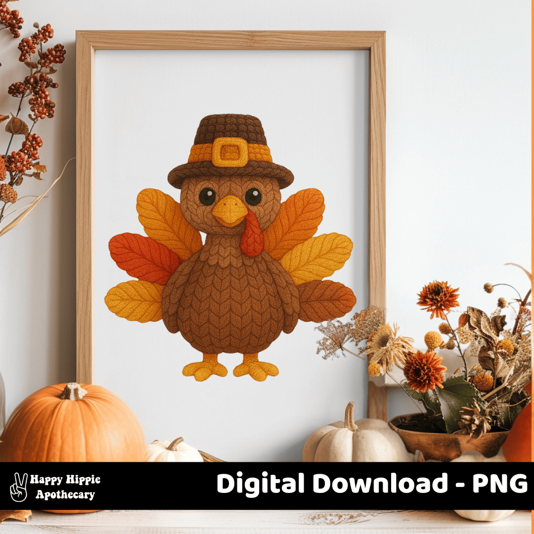 Rustic fall wall art mockup featuring crochet-textured turkey PNG. Perfect for Thanksgiving printable art, cozy farmhouse décor, and autumn-themed designs.