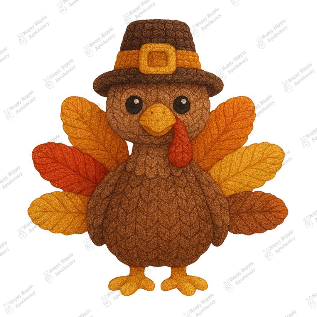 Detailed close-up of crochet-textured Thanksgiving turkey clipart showing soft yarn texture and warm fall feather tones. Ideal for sublimation or printable décor projects.