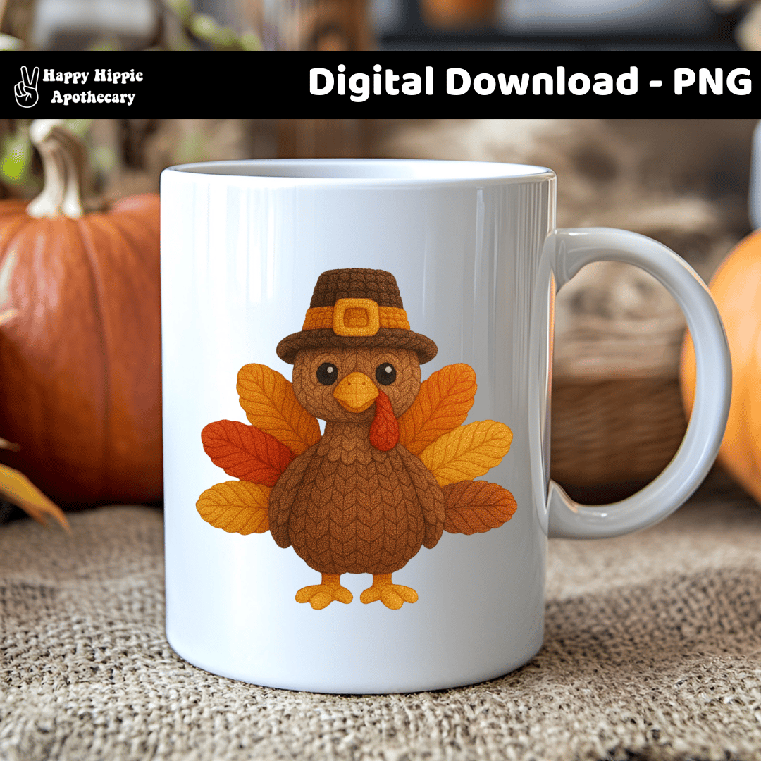 Fall coffee mug mockup with crochet-style turkey design. Perfect for Thanksgiving mugs, kitchen décor, or cozy gift ideas using high-quality PNG art.