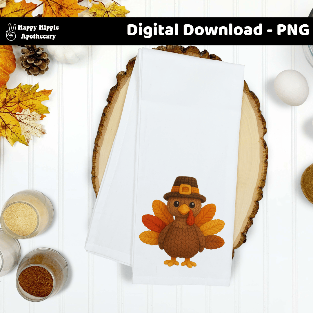 Thanksgiving kitchen towel mockup with crochet turkey PNG design. Perfect for fall kitchen décor, seasonal gifts, and farmhouse-style sublimation projects.