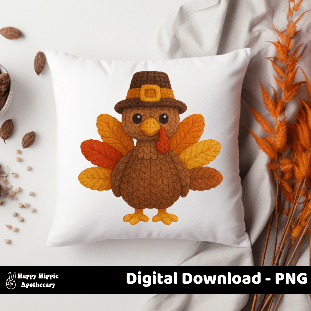 Throw pillow mockup with cute crochet-textured turkey PNG. Ideal for Thanksgiving home décor, seasonal pillow designs, and fall craft projects.
