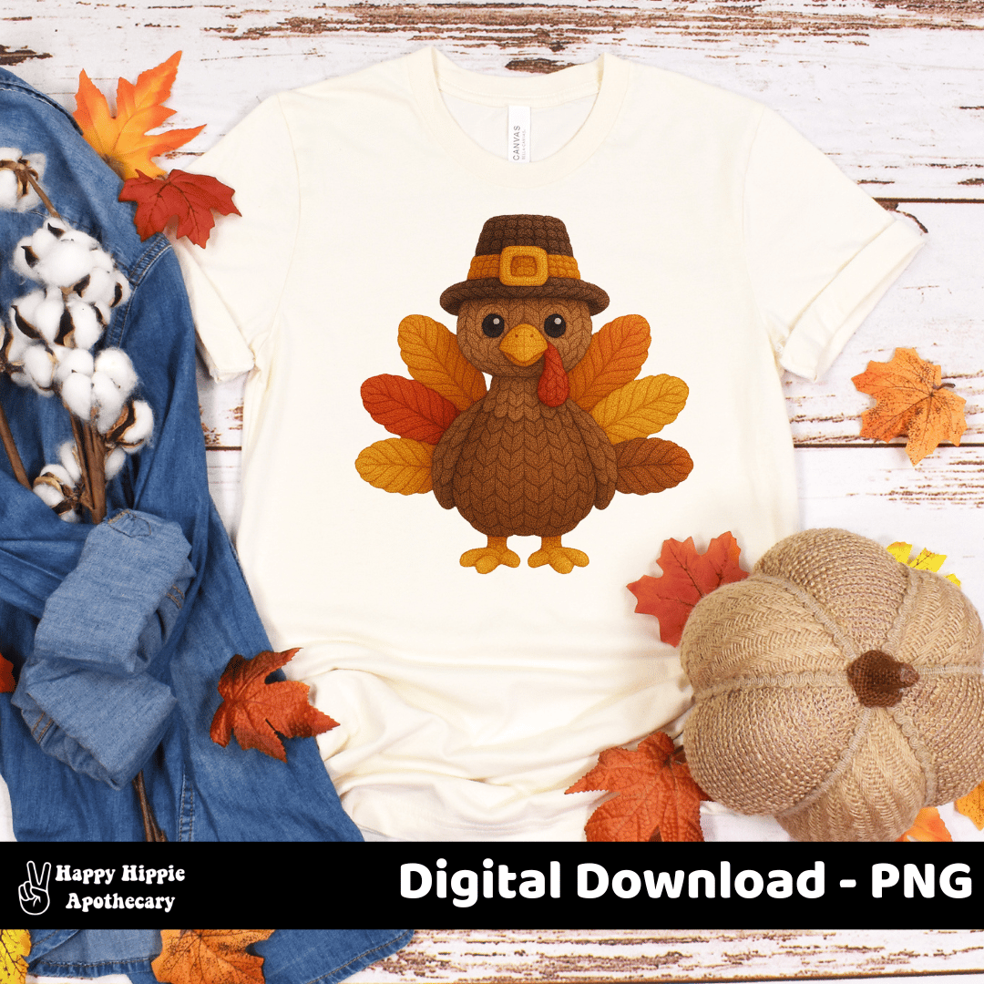 Fall t-shirt mockup featuring cozy crochet turkey design with knit-style texture. Perfect for Thanksgiving shirts, family outfits, or festive apparel designs.