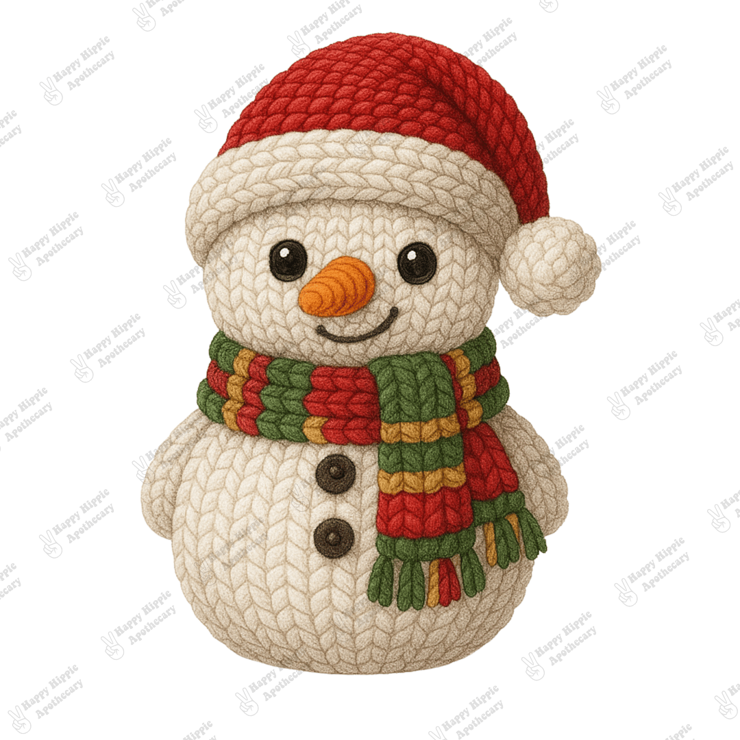 Detailed close-up of crochet snowman PNG showing realistic yarn texture and warm holiday colors. Perfect for sublimation, digital crafts, and Christmas designs.