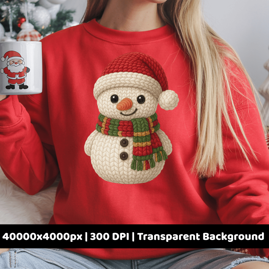 Crochet snowman PNG with Santa hat and striped Christmas scarf. Cozy handmade knit texture perfect for Christmas sublimation, stickers, and winter crafts. 4000x4000px, 300 DPI, transparent background.