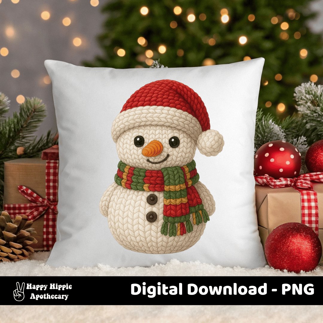 Throw pillow mockup featuring crochet snowman PNG design. Perfect for Christmas home décor, festive pillows, and cozy holiday crafts.