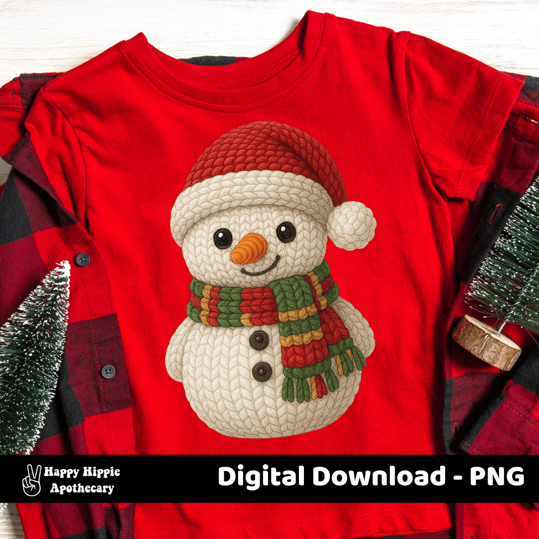 Red t-shirt mockup displaying crochet snowman PNG design. Ideal for Christmas apparel sublimation, cozy winter fashion, and festive DIY crafts.