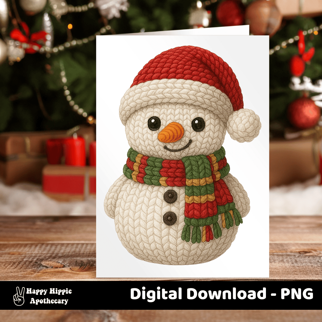Christmas greeting card mockup featuring crochet-textured snowman PNG. Great for printable holiday cards, invitations, or festive stationery designs.