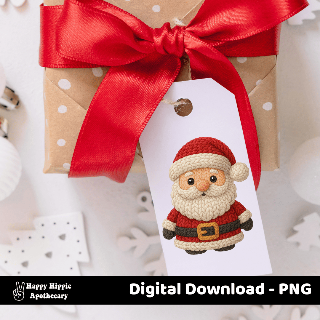 Christmas gift tag mockup featuring crochet Santa PNG on a wrapped present with red ribbon. Perfect for printable tags, labels, or holiday packaging.