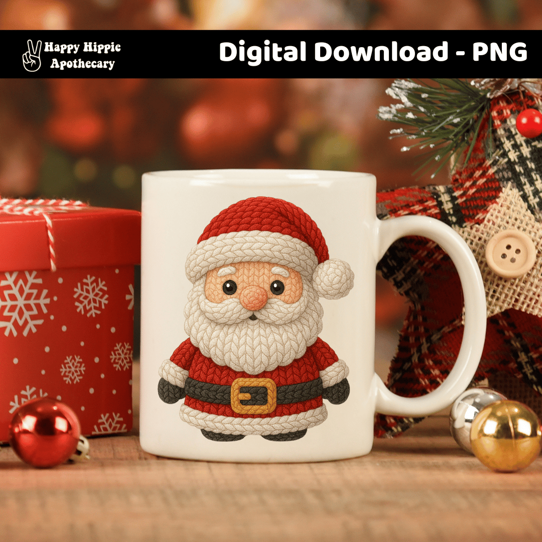 Holiday mug mockup featuring crochet-textured Santa PNG. Great for cozy Christmas mugs, kitchen décor, and festive sublimation designs.