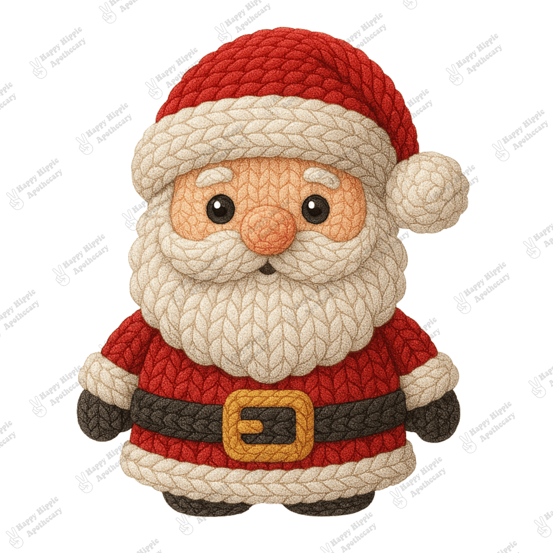 Detailed close-up of crochet-textured Santa PNG showing realistic yarn texture and warm holiday tones. Perfect for Christmas crafts and sublimation projects.